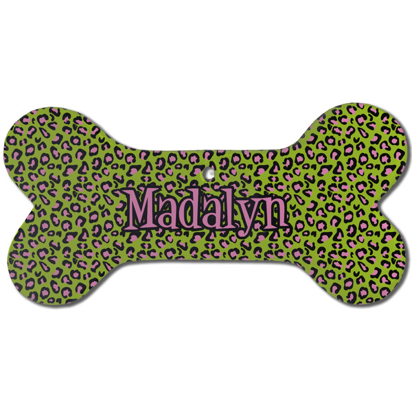 Custom Pink & Lime Green Leopard Ceramic Dog Ornament - Front w/ Name or Text