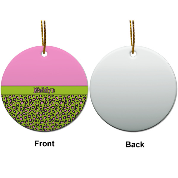Pink & Lime Green Leopard Ceramic Flat Ornament - Circle Front & Back (APPROVAL)