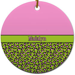 Pink & Lime Green Leopard Round Ceramic Ornament w/ Name or Text