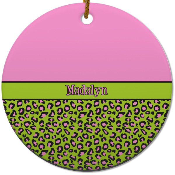 Custom Pink & Lime Green Leopard Round Ceramic Ornament w/ Name or Text