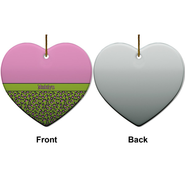 Pink & Lime Green Leopard Ceramic Flat Ornament - Heart Front & Back (APPROVAL)