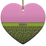 Pink & Lime Green Leopard Heart Ceramic Ornament w/ Name or Text