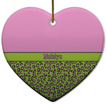 Pink & Lime Green Leopard Heart Ceramic Ornament w/ Name or Text
