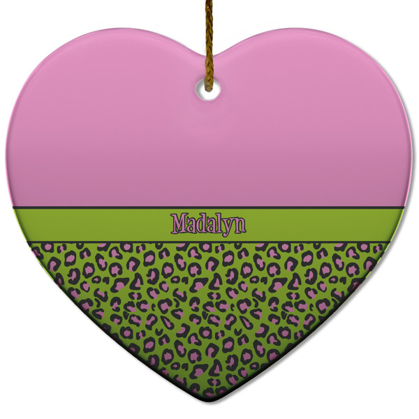 Custom Pink & Lime Green Leopard Heart Ceramic Ornament w/ Name or Text