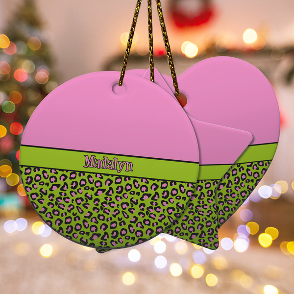 Custom Pink & Lime Green Leopard Ceramic Ornament w/ Name or Text