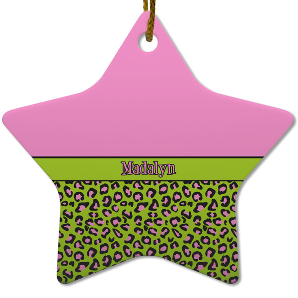 Custom Pink & Lime Green Leopard Star Ceramic Ornament w/ Name or Text