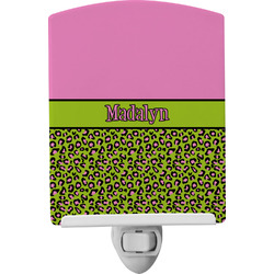 Pink & Lime Green Leopard Ceramic Night Light w/ Name or Text