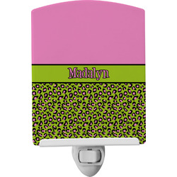 Pink & Lime Green Leopard Ceramic Night Light w/ Name or Text