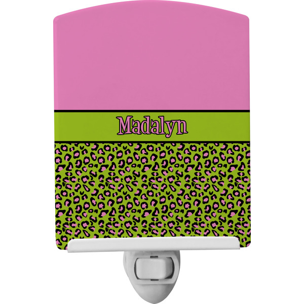 Custom Pink & Lime Green Leopard Ceramic Night Light w/ Name or Text