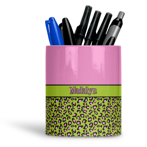 Custom Pink & Lime Green Leopard Ceramic Pen Holder