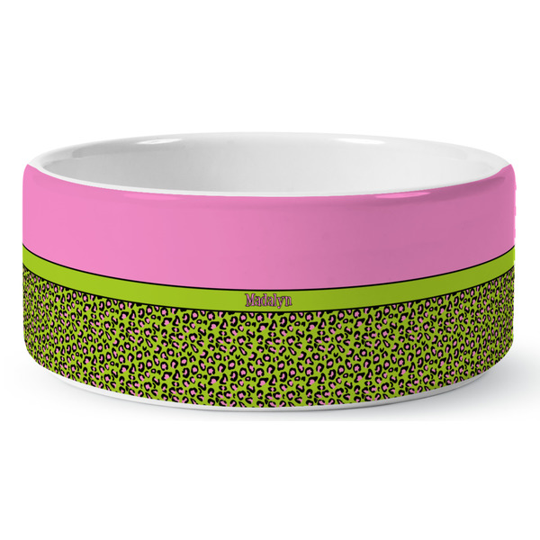 Custom Pink & Lime Green Leopard Ceramic Dog Bowl - Medium (Personalized)