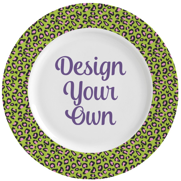 Custom Pink & Lime Green Leopard Ceramic Dinner Plates (Set of 4) (Personalized)
