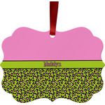 Pink & Lime Green Leopard Metal Frame Ornament - Double Sided w/ Name or Text