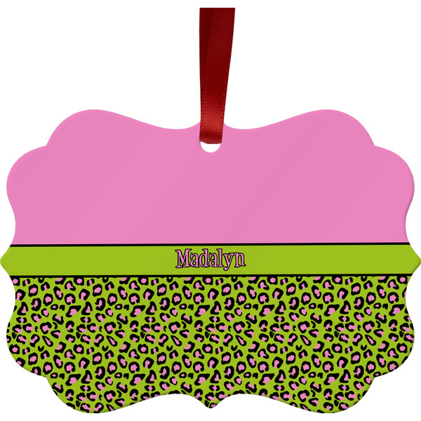 Custom Pink & Lime Green Leopard Metal Frame Ornament - Double Sided w/ Name or Text