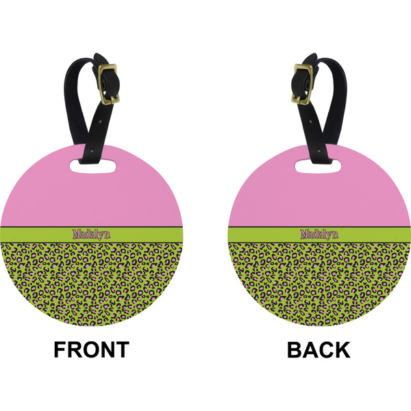 Pink & Lime Green Leopard Circle Luggage Tag (Front + Back)
