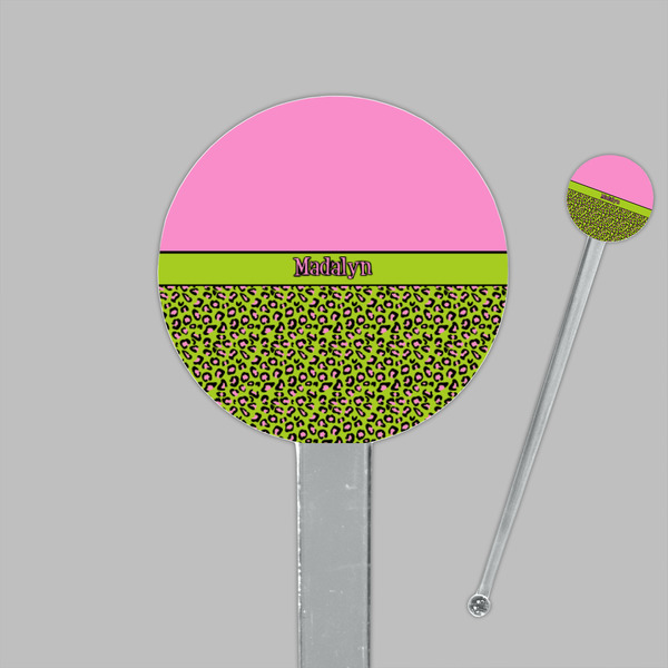 Pink & Lime Green Leopard Clear Plastic 7" Stir Stick - Round - Closeup