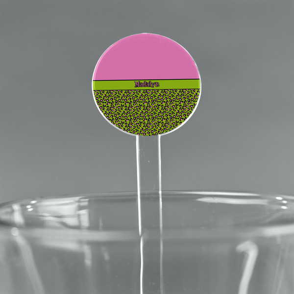 Custom Pink & Lime Green Leopard 7" Round Plastic Stir Sticks - Clear (Personalized)