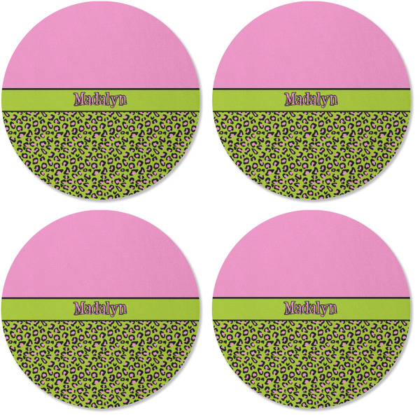 Pink & Lime Green Leopard Coaster Round Rubber Back - Apvl