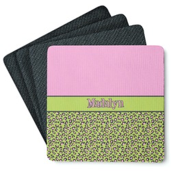Pink & Lime Green Leopard Square Rubber Backed Coasters - Set of 4 (Personalized)
