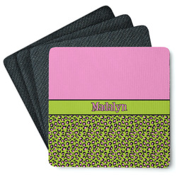 Pink & Lime Green Leopard Square Rubber Backed Coasters - Set of 4 (Personalized)