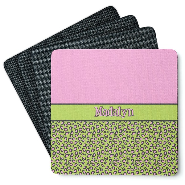 Custom Pink & Lime Green Leopard Square Rubber Backed Coasters - Set of 4 (Personalized)
