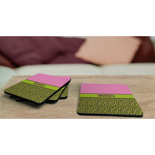 Pink & Lime Green Leopard Coaster Rubber Back - On Coffee Table