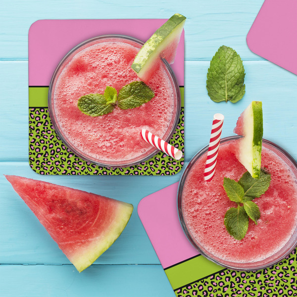 Pink & Lime Green Leopard Coaster Set - LIFESTYLE