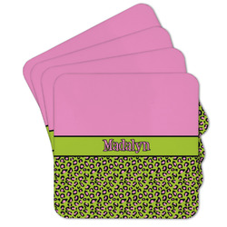 Pink & Lime Green Leopard Cork Coaster - Set of 4 w/ Name or Text