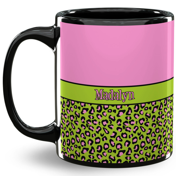 Custom Pink & Lime Green Leopard 11 Oz Coffee Mug - Black (Personalized)