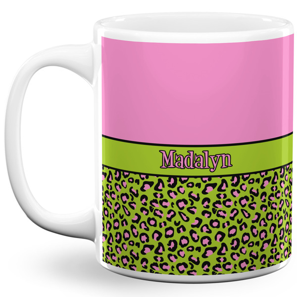 Custom Pink & Lime Green Leopard 11 Oz Coffee Mug - White (Personalized)