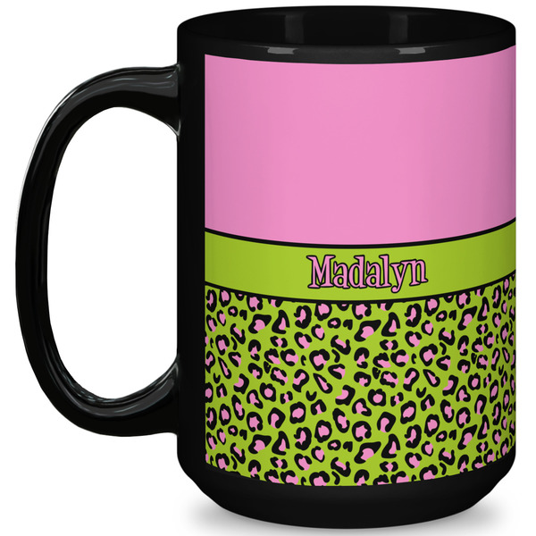 Custom Pink & Lime Green Leopard 15 Oz Coffee Mug - Black (Personalized)