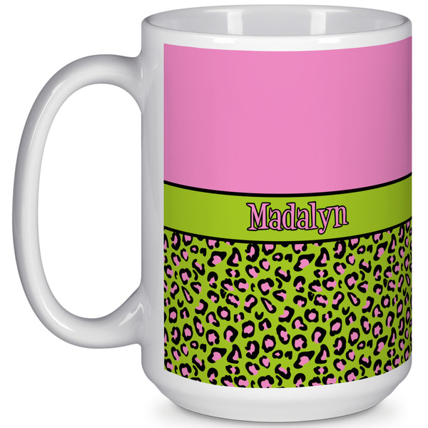 Custom Pink & Lime Green Leopard 15 Oz Coffee Mug - White (Personalized)