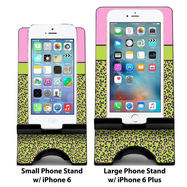 Pink & Lime Green Leopard Compare Phone Stand Sizes - with iPhones