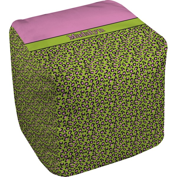 Custom Pink & Lime Green Leopard Cube Pouf Ottoman (Personalized)