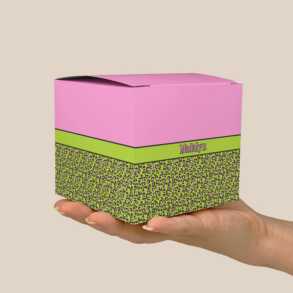 Pink & Lime Green Leopard Cube Favor Gift Box - On Hand - Scale View