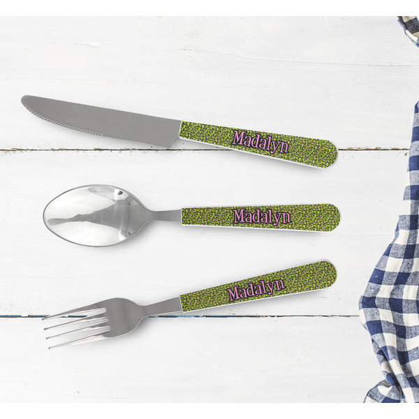 Pink & Lime Green Leopard Cutlery Set - w/ PLATE