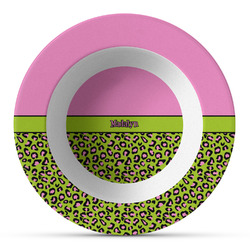 Pink & Lime Green Leopard Plastic Bowl - Microwave Safe - Composite Polymer (Personalized)