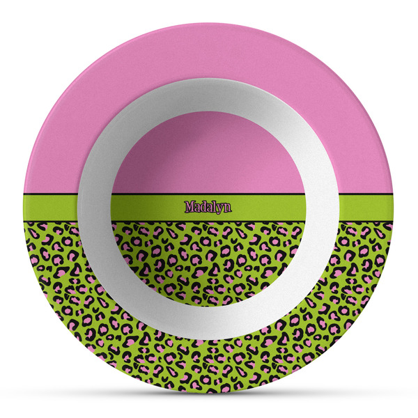 Custom Pink & Lime Green Leopard Plastic Bowl - Microwave Safe - Composite Polymer (Personalized)