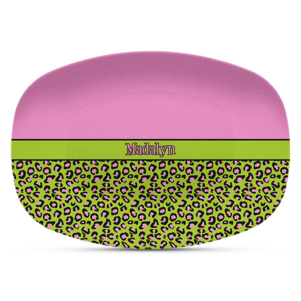 Custom Pink & Lime Green Leopard Plastic Platter - Microwave & Oven Safe Composite Polymer (Personalized)