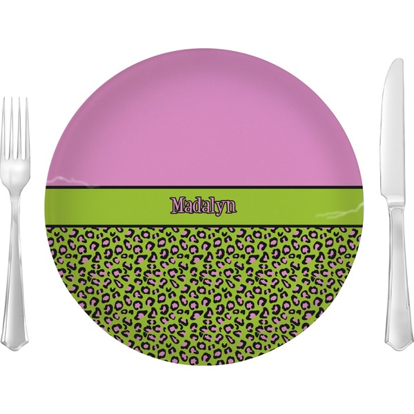 Custom Pink & Lime Green Leopard Glass Lunch / Dinner Plate 10" (Personalized)