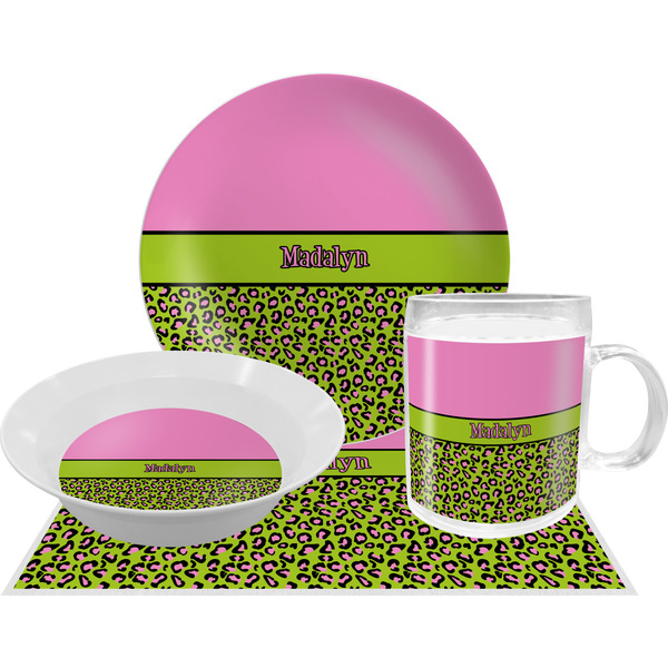 Custom Pink & Lime Green Leopard Dinner Set - Single 4 Pc Setting w/ Name or Text