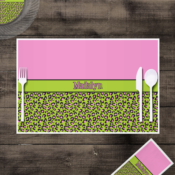 Pink & Lime Green Leopard Disposable Paper Placemat - In Context