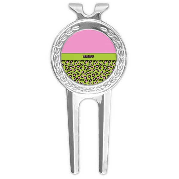 Custom Pink & Lime Green Leopard Golf Divot Tool & Ball Marker (Personalized)