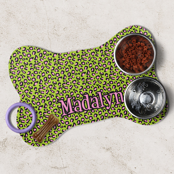 Pink & Lime Green Leopard Dog Bone Shaped Mat Lifestyle