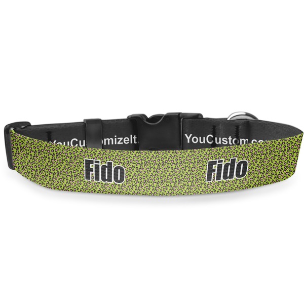 Custom Pink & Lime Green Leopard Deluxe Dog Collar - Double Extra Large (20.5" to 35") (Personalized)