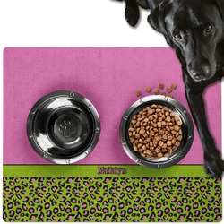 Pink & Lime Green Leopard Dog Food Mat - Large w/ Name or Text
