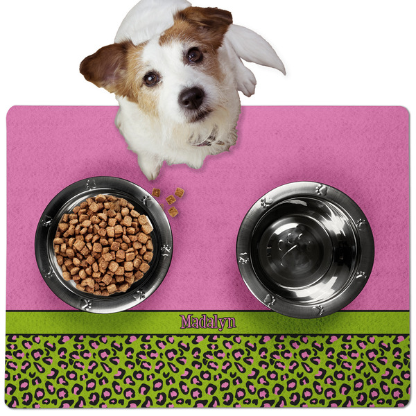 Custom Pink & Lime Green Leopard Dog Food Mat - Medium w/ Name or Text