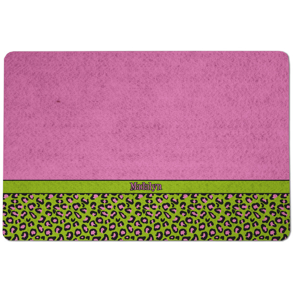 Custom Pink & Lime Green Leopard Dog Food Mat w/ Name or Text