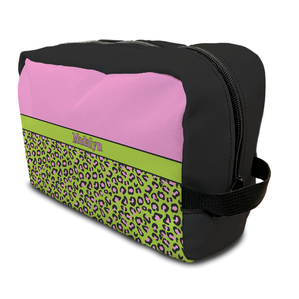 Custom Pink & Lime Green Leopard Toiletry Bag / Dopp Kit (Personalized)