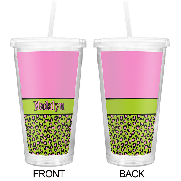 Pink & Lime Green Leopard Double Wall Tumbler with Straw - Approval